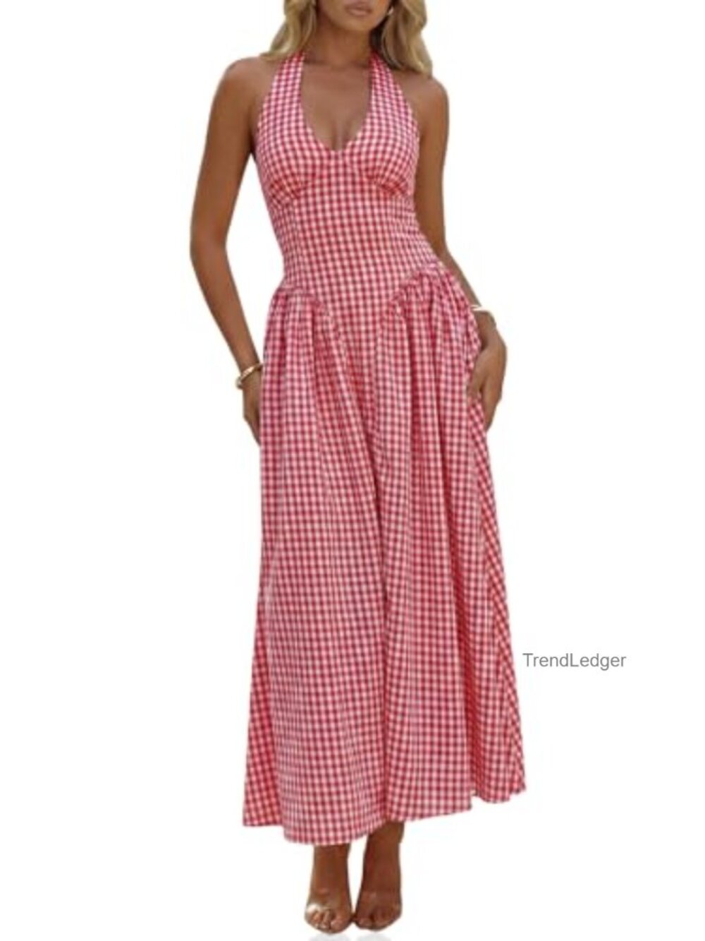 Halter V Neck Plaid Maxi Dress Smocked Backless Summer